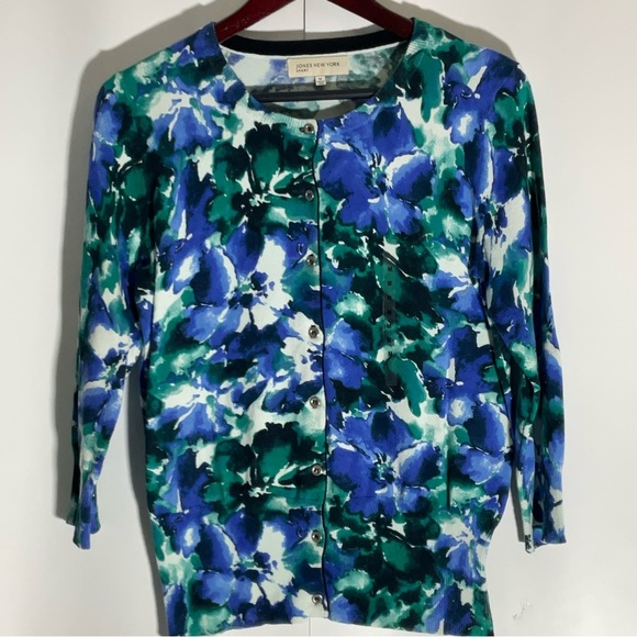 Jones New York Blue Green White 3/4 Sleeves Button Up Sweater Round Neck Size M - Picture 3 of 16